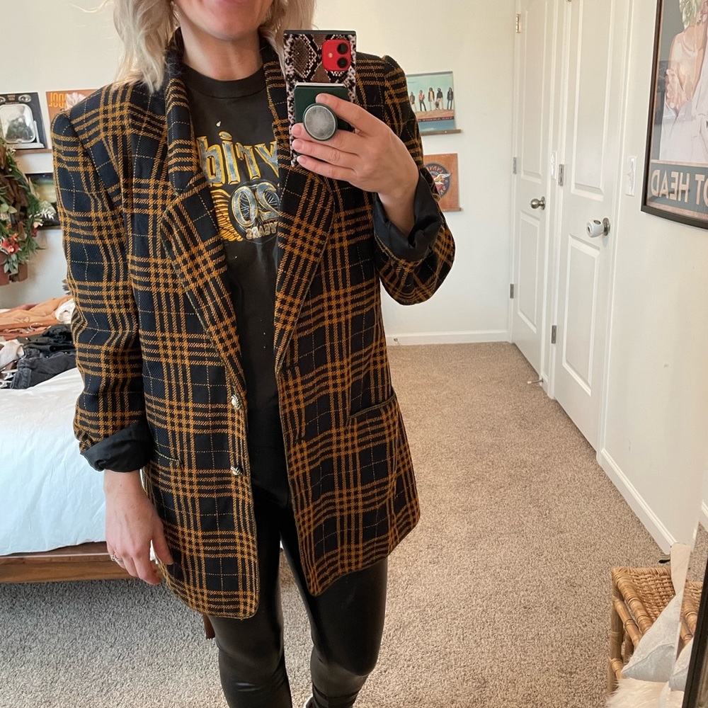 Plaid Black and Mustard Wool-Blend Blazer